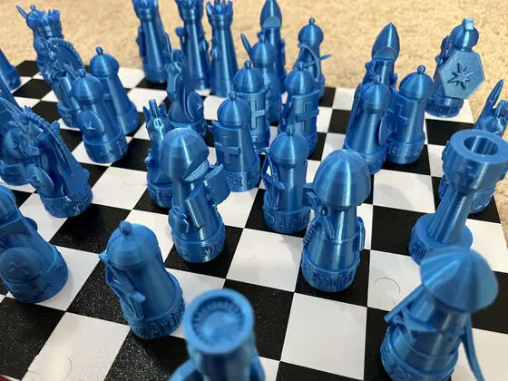 Bright blue up close: crosses, blades, and the names on every base.
